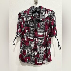 NWT Karl Lagerfeld Women’s Black and Burgundy Architectural Print Blouse, Medium